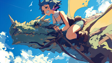 Wall Mural - anime girl riding a dragon in a fantasy world