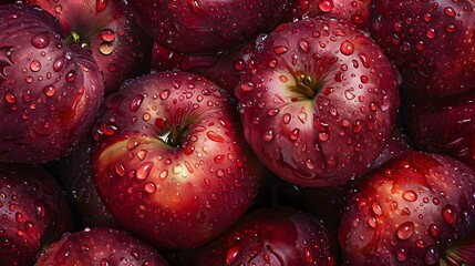 Wall Mural - Many ripe juicy red apples covered with water drops as background. 
