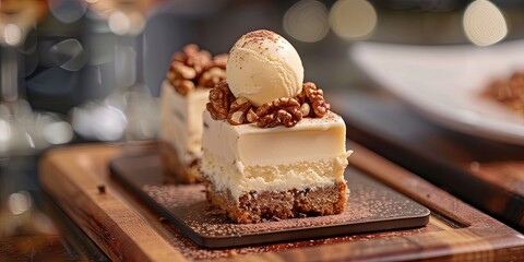 fluffy walnut cake square, very short coat of vanilla-coffee buttercream only on top with a scoop of vanilla ice cream and nuts