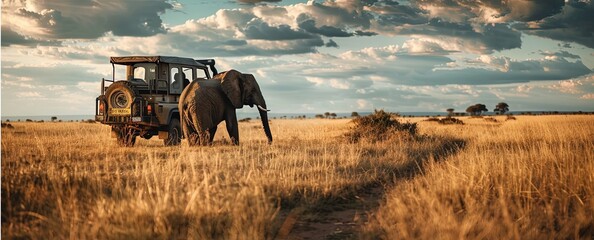 Wall Mural - machine generated photo of the open african landscape - safari concept with elephant in the grasslan