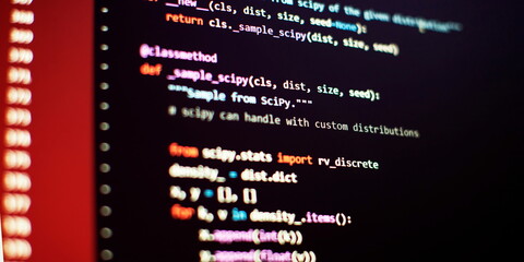 Coding script text on screen. Notebook closeup photo. Running Computer data programming.