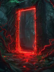 Wall Mural - red glowing rectangular portal in a magical forest glen, dungeons and dragons art style