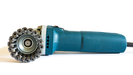 Blue grinder with a brush on a white background.