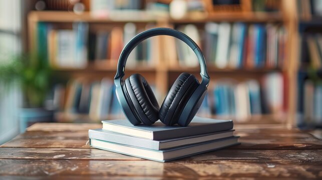 Black headphones on a stack of books in front of a blurred bookshelf background representing study and music