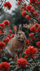 Lunar New Year symbol, Rabbit among red blooms