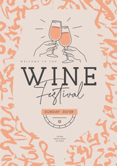 Wall Mural - Wine festival party poster with abstract texture and wine glasses. Line art vector illustration