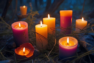 Eight Beautiful Meditation Candles Sitting Amongst Forest Scene Background