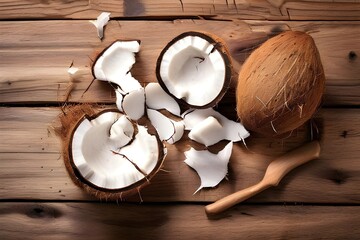 close-up of broken coconut on wooden table