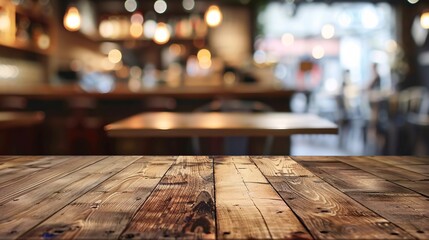 Wall Mural - A blank wooden board serves as the backdrop for an abstract and hazy coffee shop scene.