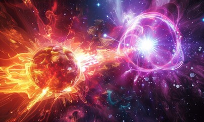 An abstract visualization of radiant atomic particles colliding, featuring a dynamic explosion of vibrant colors and energetic light patterns, symbolizing scientific phenomena and high-energy physics