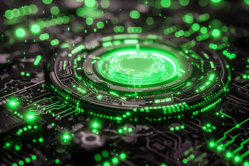 3D Illustration of a Futuristic Circuit Board with Glowing Green Lights