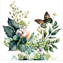 Wall Mural - There is a butterfly that is flying over some flowers on a white background