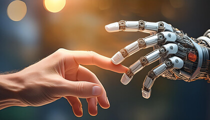 A robot hand is touching a human hand