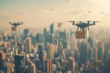 Wall Mural - Photo of a modern city with drones delivering packages
