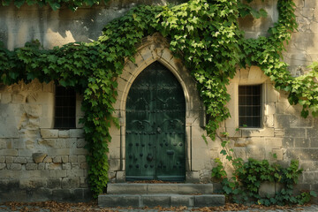 Wall Mural - Photo of a monastery with a vine covered wall