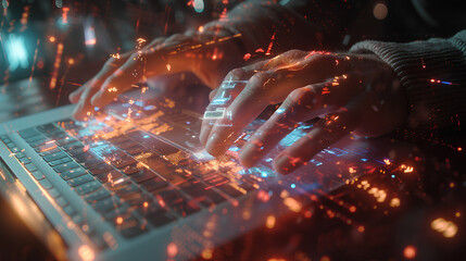 Wall Mural - man hands with laptop, ai hologram