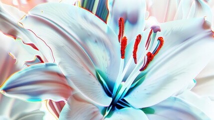 Wall Mural - Artistic lily, close-up, white petals with neon accents, sharp lines, detailed textures, minimalist backdrop. 