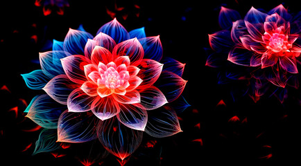 Wall Mural - Beautiful lotus flower on black background. Psychedelic digital art, panoramic image. Generative Ai