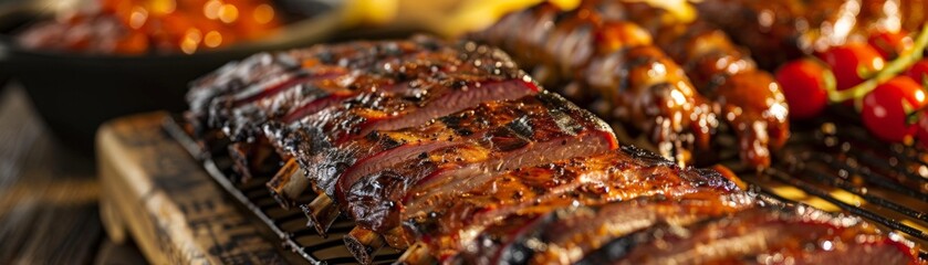 Wall Mural - Close-up of grilled ribs, glazed and glistening, ready to eat.