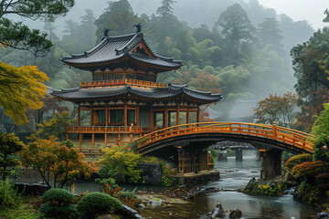 Wall Mural - Photo of a temple with a wooden bridge over a stream