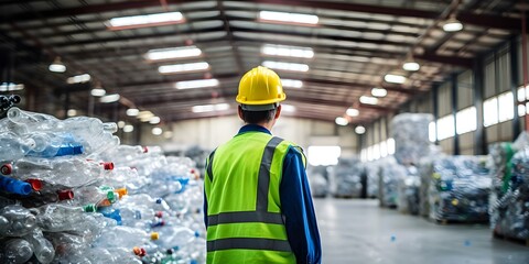 Wall Mural - Worker overseeing plastic bottle recycling at a plant. Concept Recycling process, Waste management, Plastic industry, Environmental sustainability, Factory operations