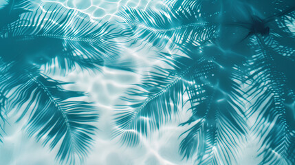 Poster - top view of water surface with tropical leaf shadow. Shadow of palm leaves on white sand beach. Beautiful abstract background concept banner for summer vacation at the beach