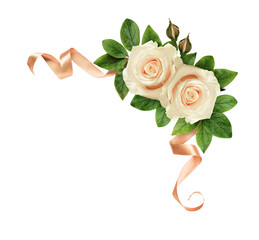 Wall Mural - cream rose flowers in a floral corner arrangement with satin ribbons isolated on white or transparen