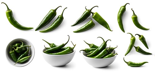 Set of green chili chilies pepper fruit vegetable, many angles view side top front group slice cut on white background cutout . Mockup template for artwork graphic design 