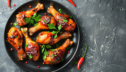 Poster - Baked chicken legs in spicy glaze sauce on black plate, top view