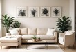 © Sharif54 - A cozy living room with a beige sofa, potted plants, and blank canvases on the wall. 3D render