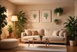 © Sharif54 - A cozy living room with a beige sofa, potted plants, and blank canvases on the wall. 3D render