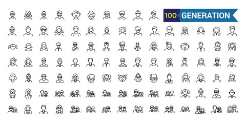 Generation icons set. Outline set of generation vector icons for ui design. Outline icon collection. Editable stroke.