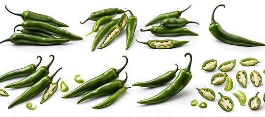 Set of green chili chilies pepper fruit vegetable, many angles view side top front group slice cut on white background cutout . Mockup template for artwork graphic design 