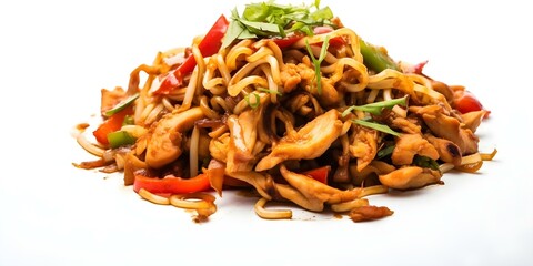 Wall Mural - Yummy Chicken Yakisoba on White Background centered professional photo copy space selective focus. Concept Food Photography, Chicken Yakisoba, White Background, Copy Space, Selective Focus