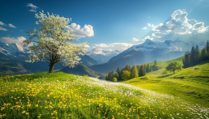 Wall Mural - Sunny alpine day  high quality shot of blooming spring meadows in the idyllic alps