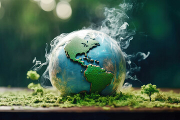 Wall Mural - A miniature globe, engulfed in thick white smoke, sits on a bed of green moss, highlighting the environmental catastrophe impacting the planet