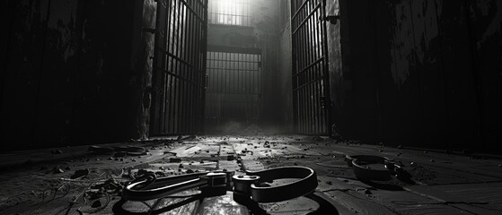 Prison cell door slightly ajar with broken handcuffs on the ground, cinematic lighting, noir, black and white, intense and suspenseful atmosphere