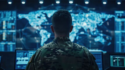 A man in a military uniform stands in front of a computer monitor displaying a map of the world