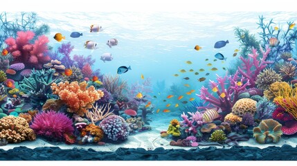 A detailed coral reef with fish on a transparent background 