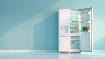 Wall Mural - An industrial freezer stands open, revealing shelves filled with fresh, frozen food. The blue walls and the bright light create a sense of cleanliness and efficiency in this commercial kitchen space