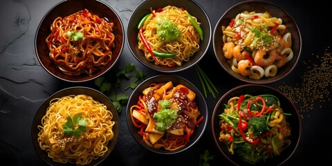Wall Mural - Delicious Asian Street Food Recipes for Yakisoba, Chow Mein, Soba, and Singapore Noodles. Concept Asian Street Food, Yakisoba Recipe, Chow Mein Recipe, Soba Noodles, Singapore Noodles Recipe