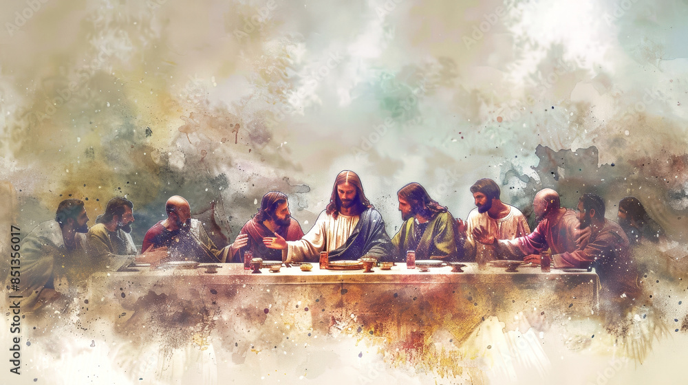 A watercolor painting depicting Jesus and his disciples sharing a meal ...