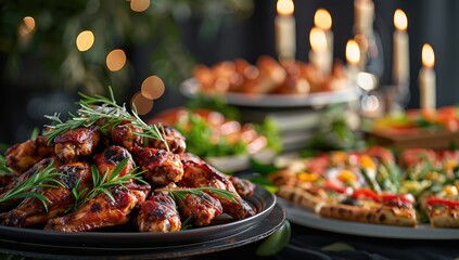 Festive dinner party food spread with skewered chicken and pizza