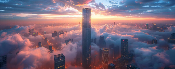 A towering skyscraper piercing the clouds, its glass facade reflecting the city lights.