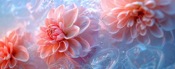 abstract art and close-up of frozen dahlia flowers in ice water