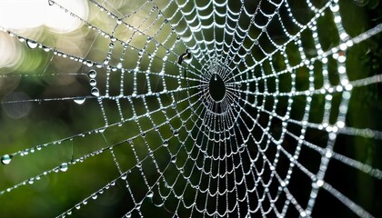 Close-up of a dew-covered spider web glistening in the morning light. The delicate droplets create a mesmerizing, natural pattern, showcasing the beauty of nature's intricate designs.. AI Generation