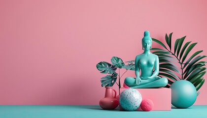 Modern still life with green Buddha statue, plants, and colorful geometric shapes on a pink and turquoise background.