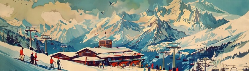 Vintage ski resort illustration featuring skiers, chairlift, and snowy mountain scenery on a bright day with blue skies.