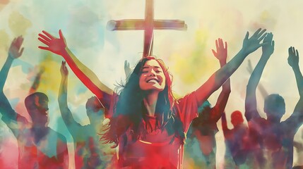 Wall Mural - watercolor abstract illustration of christian woman worship with hands raised on white background. cultural diversity concept