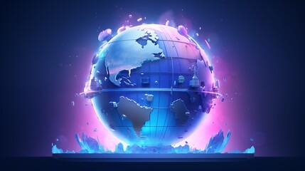 Sticker - Digital Representation of Earth with Glowing Continents and Neon Hues in Shades of Blue and Purple